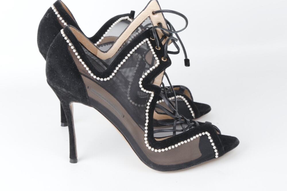 NICHOLAS KIRKWOOD Black Mesh Suede Pearl Beaded Lace Up Peep Toe Heels EU 38 8